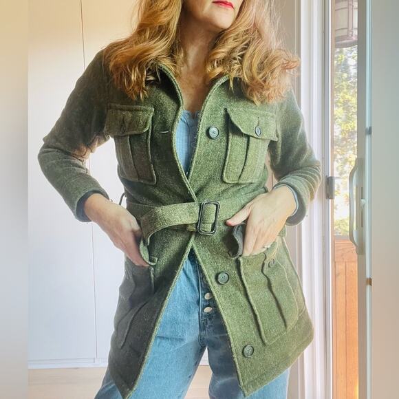 Vintage Wool Military Style Womens Olive Green Coat SZ XS Belted Gopcore Utility - Picture 1 of 11